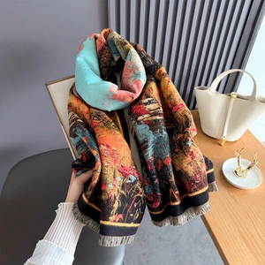 Artistic oil painting style thick cashmere-like scarf with tassels for winter warmth