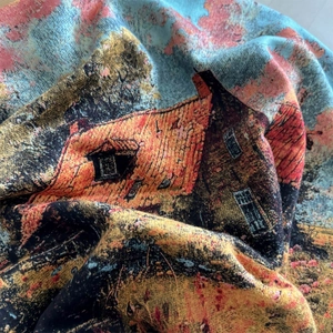 Thick faux cashmere winter scarf with oil painting landscape jacquard pattern texture