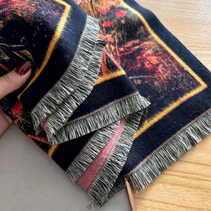 Thick autumn winter cashmere-like scarf with floral jacquard pattern and fringe tassels