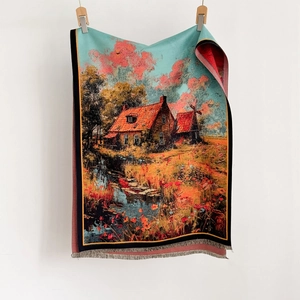 Country oil painting tapestry thick cashmere-like scarf shawl with grey fringe tassels