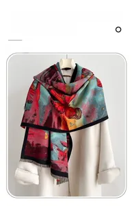 Detail of red and blue butterfly print on imitation cashmere scarf with tassels