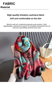 Detail of red and teal cashmere-like scarf with butterfly print and fine fringe edges