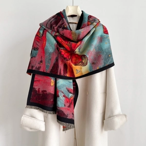 Vintage Butterfly Print Faux Cashmere Scarf Large Shawl Wrap With Fringe Warm Winter Long Pashmina For Women