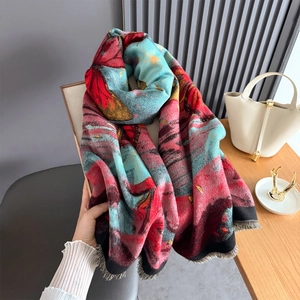 Abstract retro cashmere-feel shawl with artistic color blocks and fringe trim