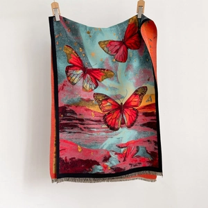Retro faux cashmere scarf with oversized red butterflies and sunset landscape design