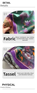 Detail showing the floral vintage pattern and soft fringe of this thick warm scarf