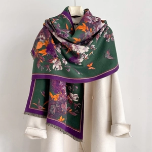 Vintage Floral Butterfly Print Scarf Shawl Imitation Cashmere Thickened Warm Long Wrap With Tassels For Autumn Winter