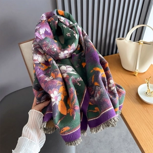 Thick autumn floral scarf with tassels, dark green wrap with orange flower patterns
