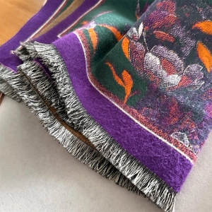 Thick warm cashmere-feel scarf with vintage floral patterns and fringe details for autumn