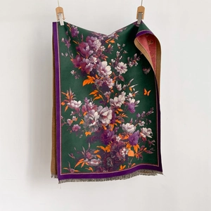 Thick autumn floral cashmere-feel scarf with deep green patterns and grey tassels
