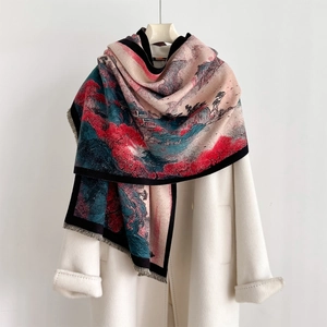 Vintage Imitation Cashmere Scarf For Women Chinese Landscape Print Winter Warm Shawl With Tassels Elegant Artistic Wrap