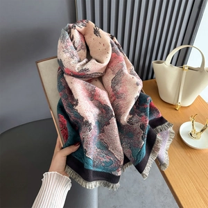 Elegant retro faux cashmere scarf with artistic landscape print and soft grey fringe detail