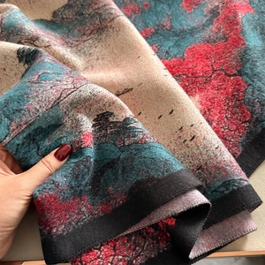 Retro faux cashmere scarf with abstract landscape print and elegant fringe details