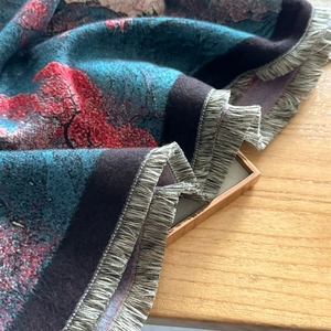 Retro floral faux cashmere scarf with tassels, thick warm vintage pashmina for winter