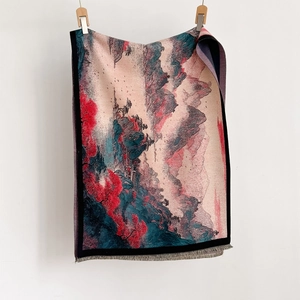 Retro faux cashmere scarf featuring a traditional Chinese mountain landscape with tassels