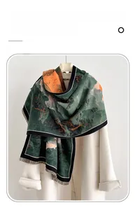 Detailed texture of imitation cashmere scarf featuring a vintage landscape print with tassels