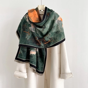 Retro Landscape Oil Painting Print Scarf Shawl Imitation Cashmere Thickened Warm Tassel Wrap For Women Autumn Winter
