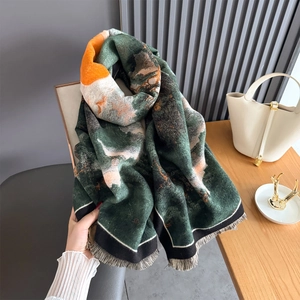 Artistic landscape print thick cashmere-like scarf with fringe edges and soft texture