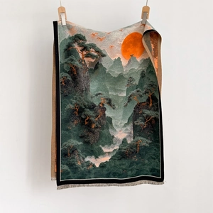 Thick vintage landscape knit scarf with mountain scenery, sun pattern and tassels