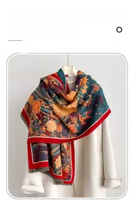 Detail of imitation cashmere scarf with ethnic floral patterns and tassel fringe