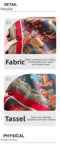 Detail view of ethnic floral scarf fabric texture and high-density fringe tassels