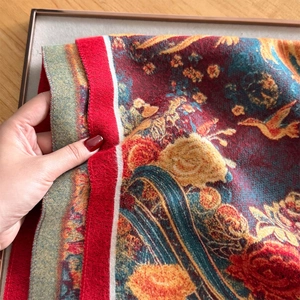 Thick autumn scarf with vintage floral and bird prints in red, navy, and yellow tones