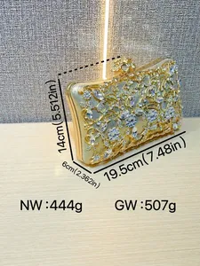 Luxurious gold evening clutch bag with sparkling rhinestones and floral metal accents