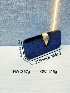 Navy blue velvet evening clutch with gold leaf clasp and detailed product dimensions