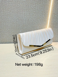 Elegant cream satin clutch bag with V-shaped gold metal trim and dimensions 23.5x12x6cm