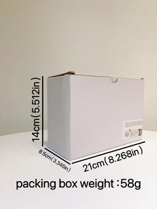 Detailed view of the white packaging box dimensions 21x8.5x14cm and 58g weight specs