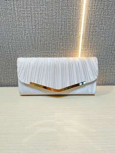 Elegant off-white satin evening clutch bag with pleated texture and V-shaped gold metal trim