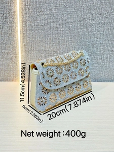 Elegante avondtas met strass-steentjes, bloemmotief en gouden ketting, 20 x 11,5 cm