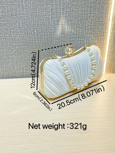 White pleated satin evening clutch bag with pearl clasp and handle for bridal gala
