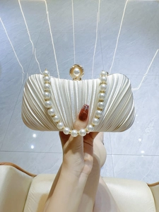 Women Pleated Satin Evening Clutch Bag Luxury Faux Artificial Pearl Handle Purse Elegant Wedding Party Handbag With Chain Strap