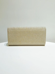 Front view of a rectangular gold sequin evening clutch with a glittering texture