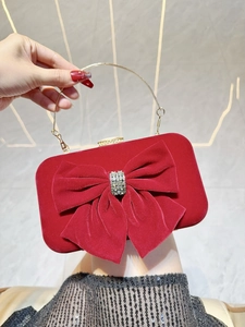 Evening Clutch Bag Red Velvet Big Bow Rhinestone Crystal Buckle Gold Metal Frame Party Wedding Vintage Elegant Women