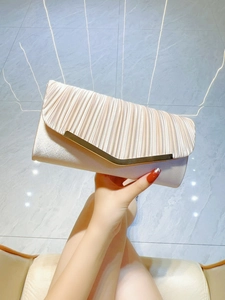 Women's Pleated Satin Evening Clutch Bag Elegant V-Metal Trim Party Handbag With Gold Chain Strap
