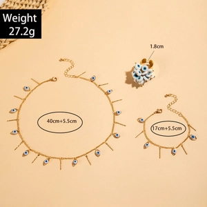 Detailed dimensions of the gold evil eye necklace, bracelet, and ring jewelry set