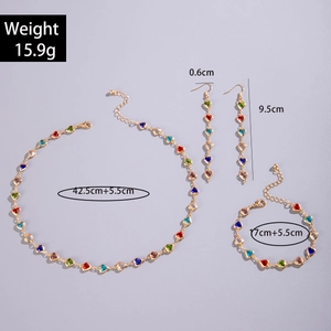 Detail view of colorful heart crystal jewelry set with dimensions and weight specs