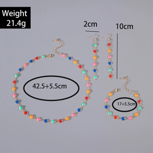 Detailed view of colorful evil eye jewelry set with size and weight measurements