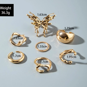 Detail showing a 7-piece gold alloy ring set with 36.3g weight and various inner diameters