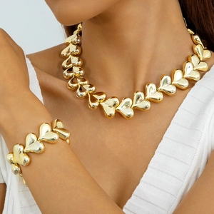 Chunky Heart Link Necklace And Bracelet Gold Plated Plastic Fashion Bold Jewelry For Women