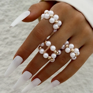 Beaded Rings Turquoise Imitation Artificial Pearl Resin Cross Flower Elastic Bohemian Ethic Style Fashion Jewelry For Women