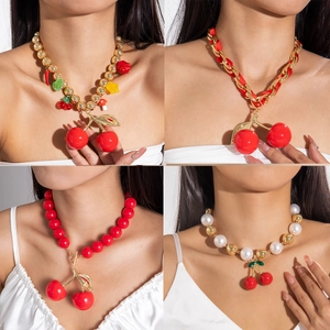 Fashion Chunky Acrylic Bead Necklace With Bold Cherry Pendant Alloy Toggle Clasp Sweet Edgy Jewelry For Women
