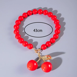 Fashion red acrylic bead necklace with cherry pendant and gold OT clasp, 43cm length