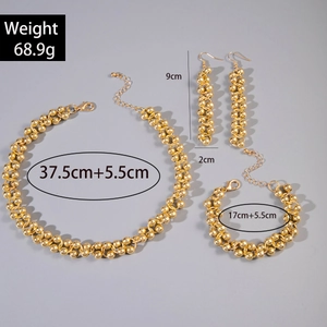 Detailed view of chunky gold bead jewelry set with dimensions and weights for necklace