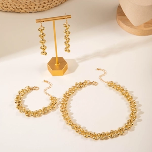 Detailed view of a gold beaded jewelry set featuring a necklace, bracelet, and earrings