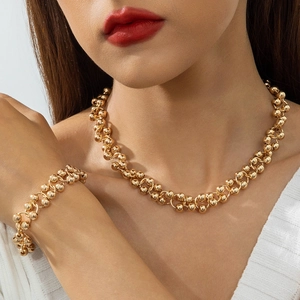 Vintage Chunky Gold Round Bead Necklace Bracelet And Earrings Geometric Polished Lustrous Accessory For Women