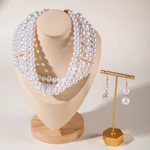 Dettaglio di collana di perle multistrato e orecchini coordinati su un manichino