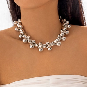 Exaggerated silver CCB bead choker necklace with oversized metallic spheres for women